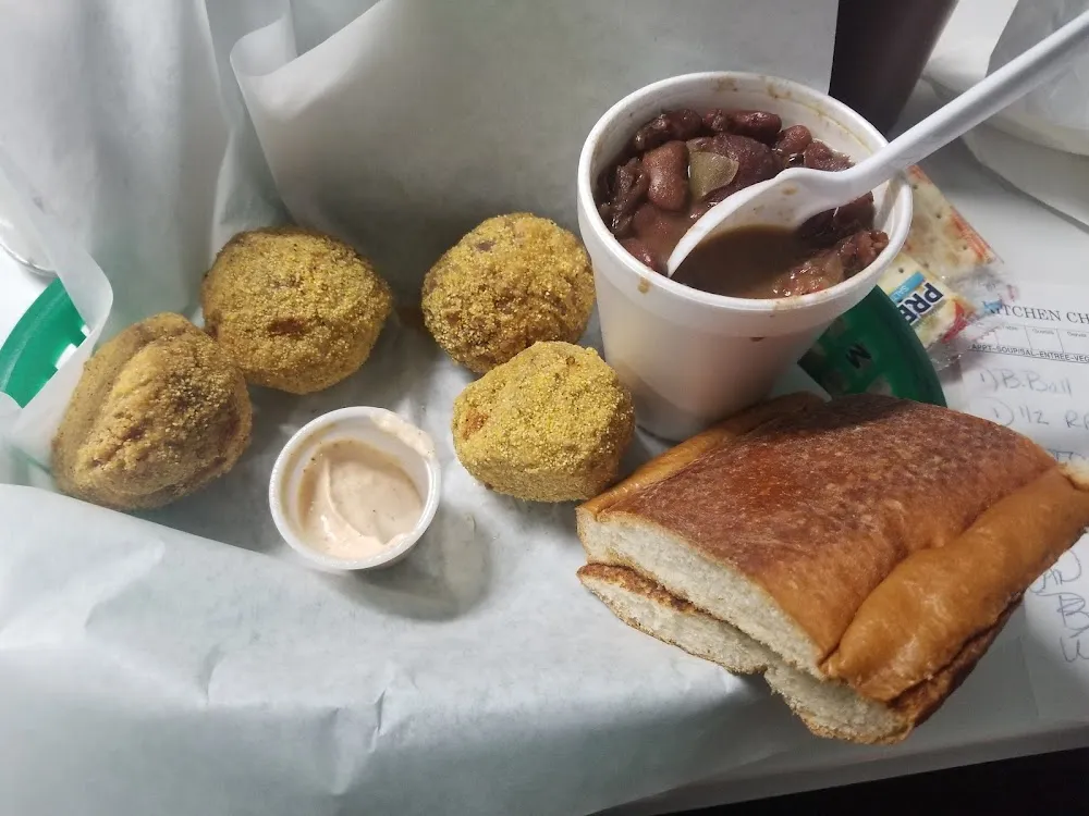 Boudin Balls and Red Beans and Rice with Cajun Bread