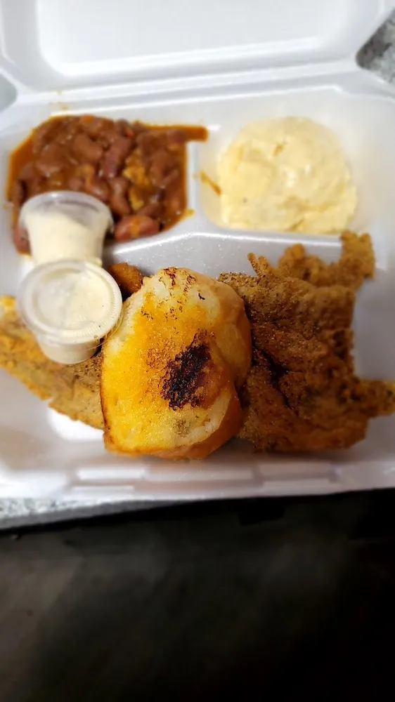 Whole Catfish Beans and Potato Salad